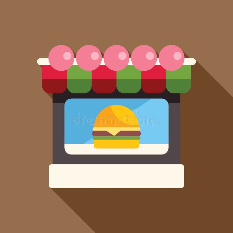 Small shop window displaying hamburger image with awning and brown background vector illustration