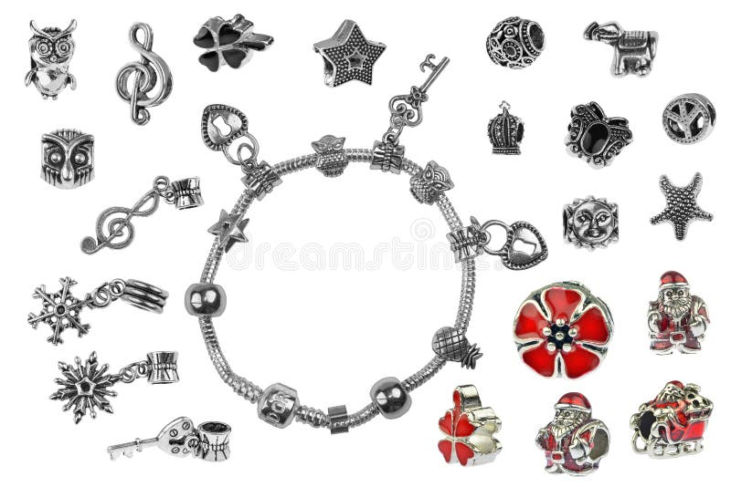 Small Silver Charm Bracelet with Many Charms Isolated on White