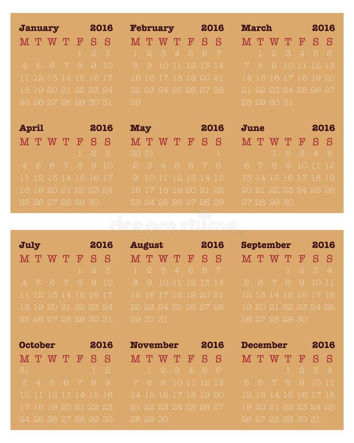 Særlig skrig jævnt Small Size Calendar for 2016, Simple Vector Template Stock Illustration -  Illustration of january, number: 63929893