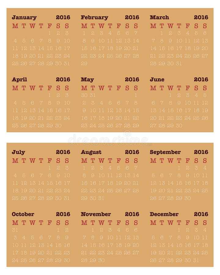 Small Size Calendar for 2016, Simple Vector Template Stock Illustration