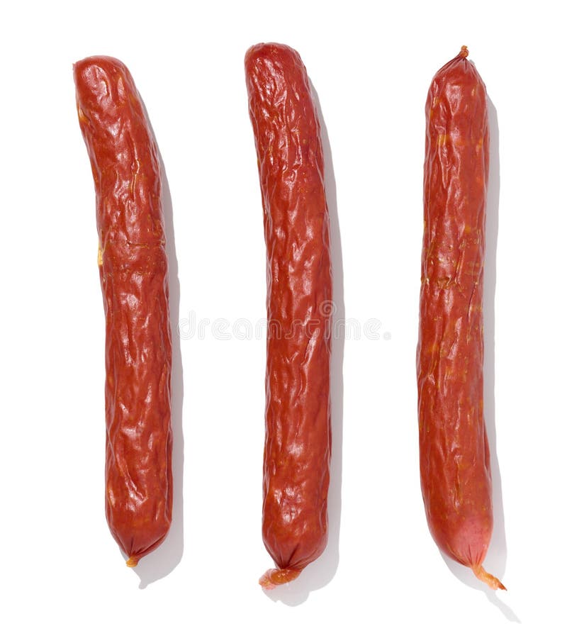 Small Smoked Sausages on a White Isolated Background, Top View Stock