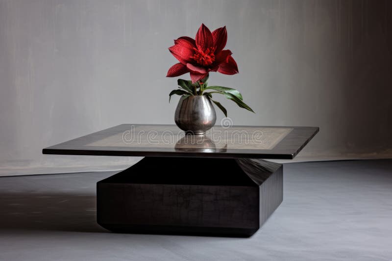A Small, Square Coffee Table with a Single Vase and Flower on Top Stock