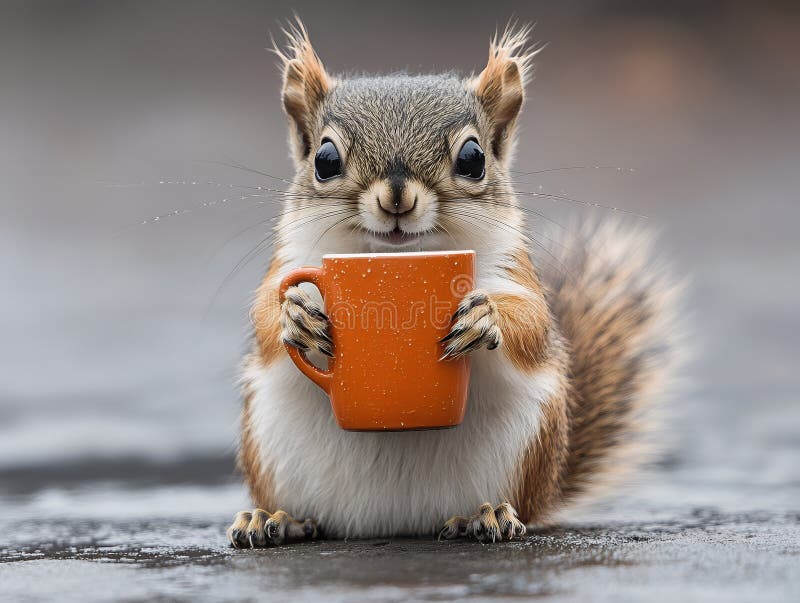 A small squirrel sits holding a small orange mug stock photos