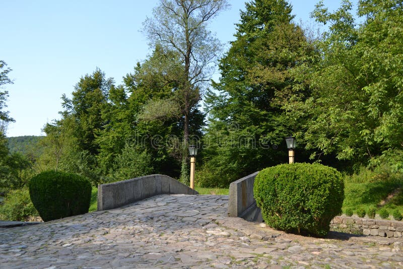Small stone bridge with bushes stock photography