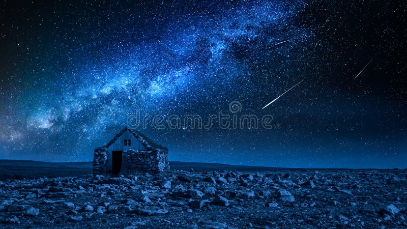 Small stone cottage and milky way with falling stars, Iceland stock photos