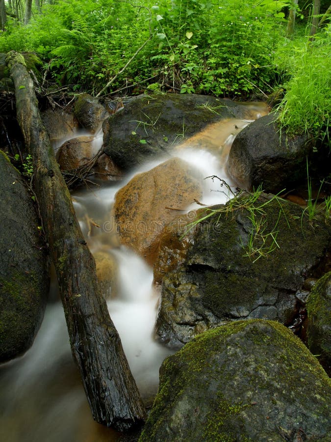 A view of a small stream of fresh water flowing over rocks and boulder in a Polish forest. A view of a small stream of fresh water flowing over rocks and boulder in a Polish forest.