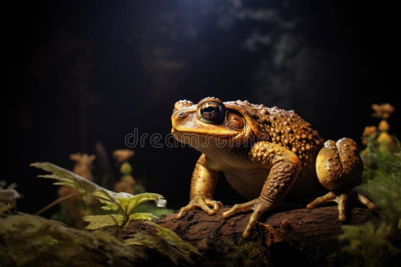 A small toad perched on the edge of a tree branch, looking out at something stock photos