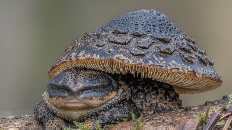 A small toad sitting on top of a mushroom, AI stock photo