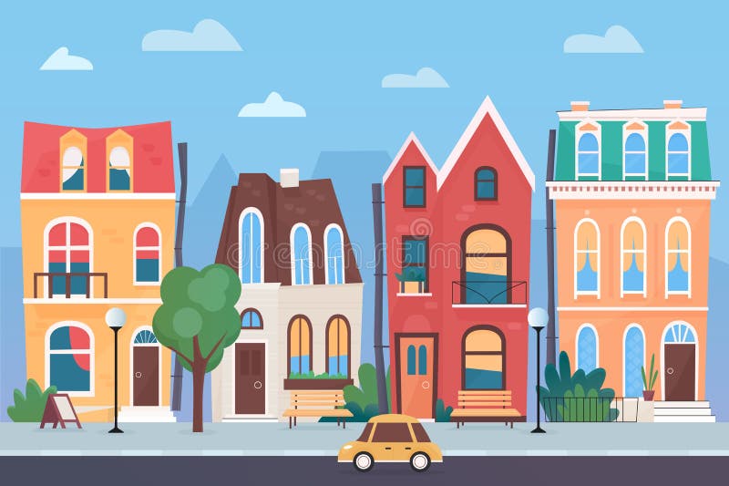 Small Town Street Cartoon Vector Illustration Cityscape, Cute Spring or  Summer Urban Landscape. Funny Colored Houses Stock Vector - Illustration of  private, exterior: 180811911