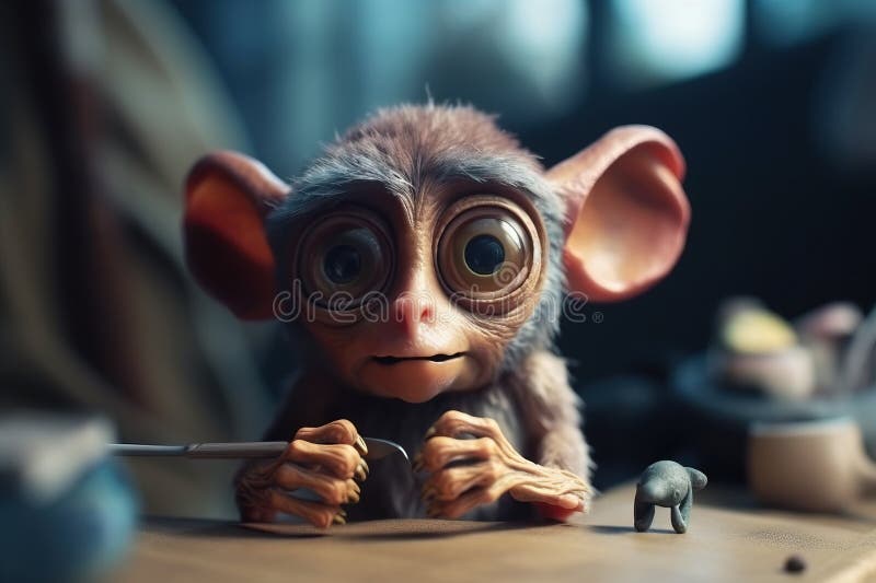 A small toy monkey sitting on top of a wooden table next to a toy elephant and a toy elephant figurine on a table. generative ai stock image