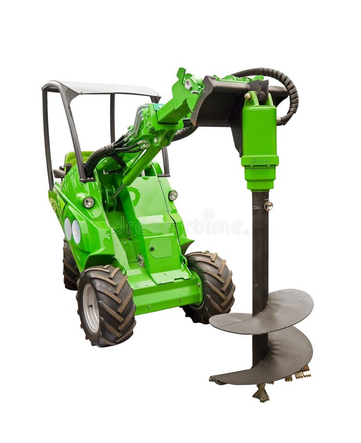 Small tractor with a large drill bit on a white background. Single mini stock images, royalty-free photos and pictures