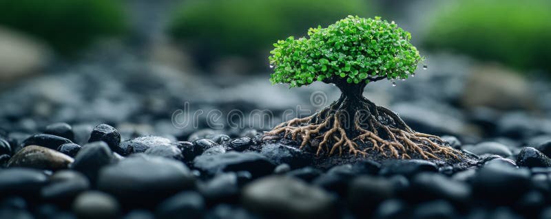 Small tree with exposed roots on wet black pebbles, shallow depth of field. Nature and growth concept stock photo