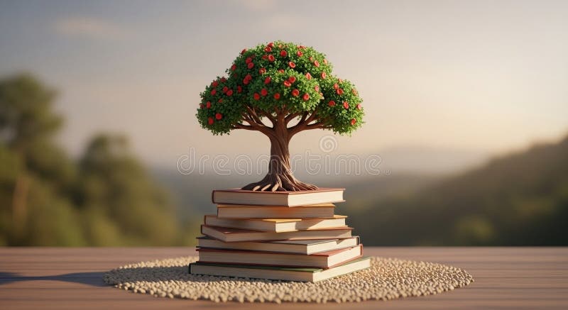 A small tree made of books with red flowers sits atop a stack of books against a blurred mountain landscape background stock illustration