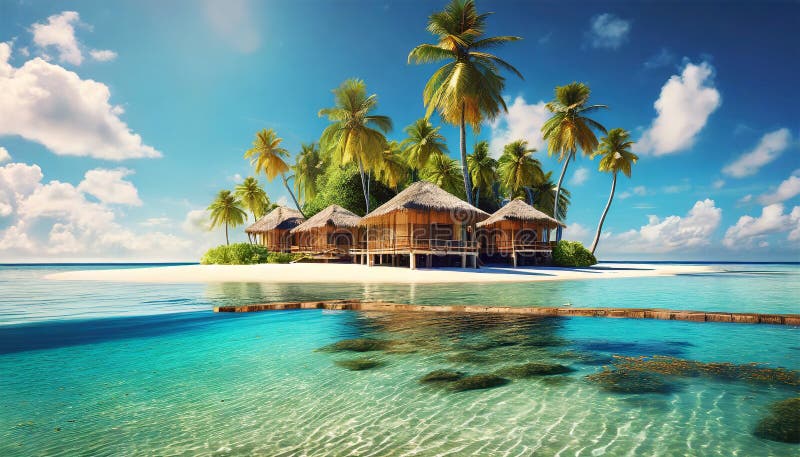 Small Tropical Island with Palm Trees Surrounded by Blue Sea Water ...