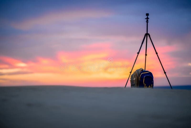 Small Video Camera on the Tripod with Backpack Stock Image Image of