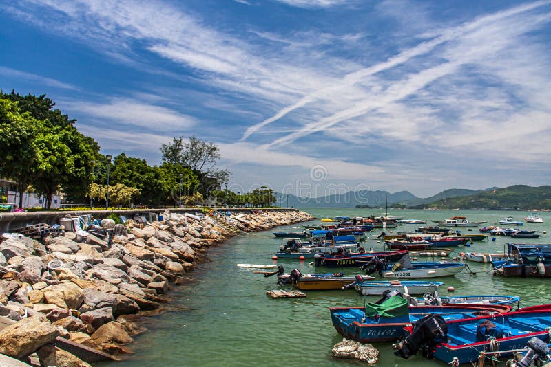 Small village in Hong Kong Peng Chau Island with small fishing boats