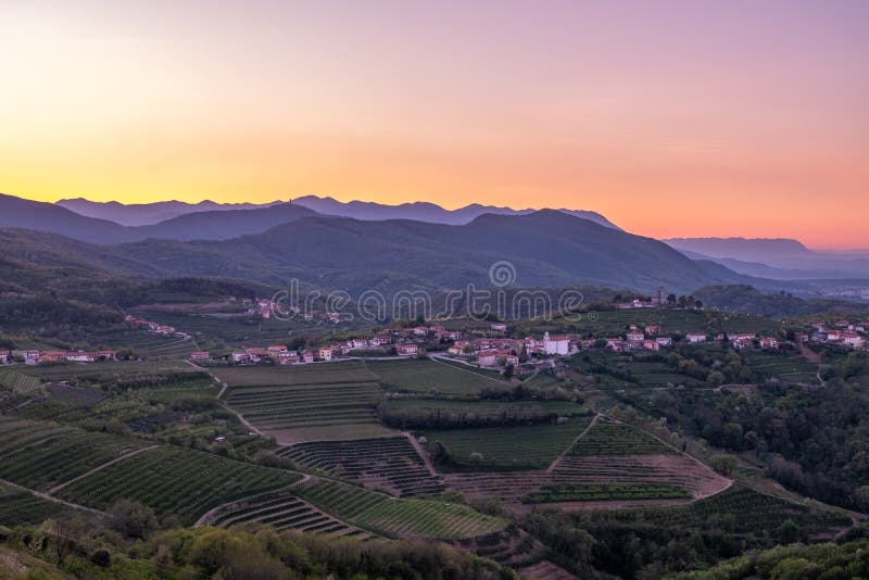 Village Kojsko between vineyards in wine region Brda in Slovenia. Small village Kojsko with chirch Križ on the hill on sunrise between the vineyards in the wine stock photos Village Kojsko between vineyards in wine region Brda in Slovenia. Small village Kojsko with chirch Križ on the hill on sunrise between the vineyards in the wine stock photos