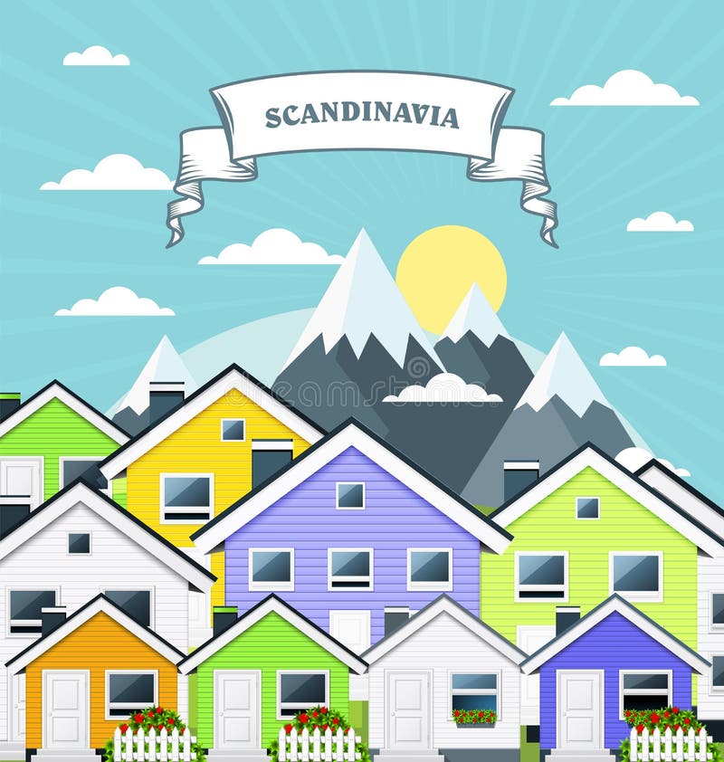 Small village in Norway, Scandinavia - variegated country town houses and mountains