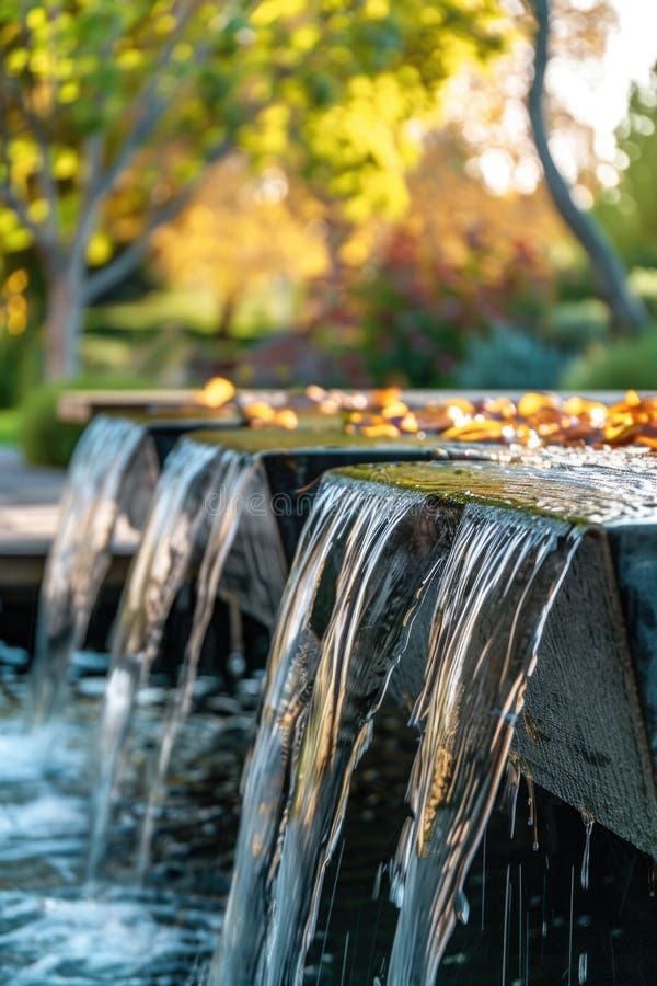 A small waterfall flows down the side of a building, suitable for use in architecture, urban, or