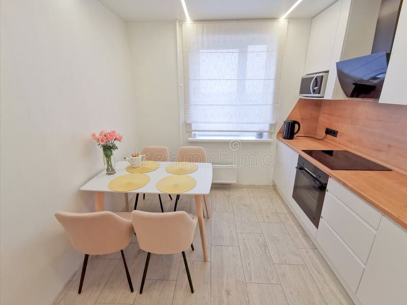 Small white kitchen interior. Modern minimalist apartment in white with black and wood elements stock image