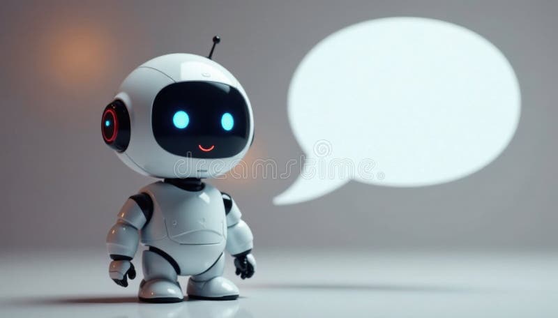 Small white robot, smiling face, speech bubble, happy, communication vector illustration