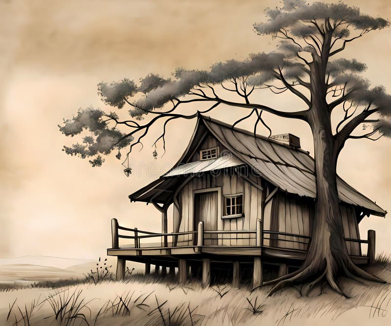 Small wooden house by old tree royalty free illustration