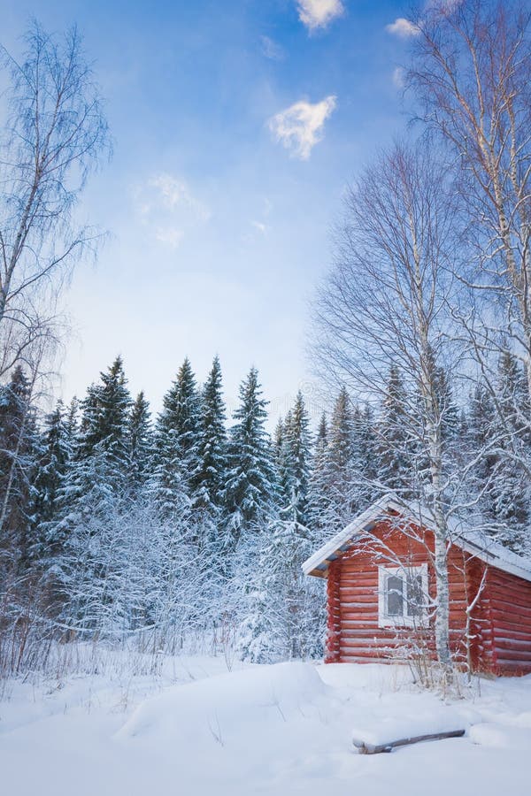 Small wooden house in winter forest