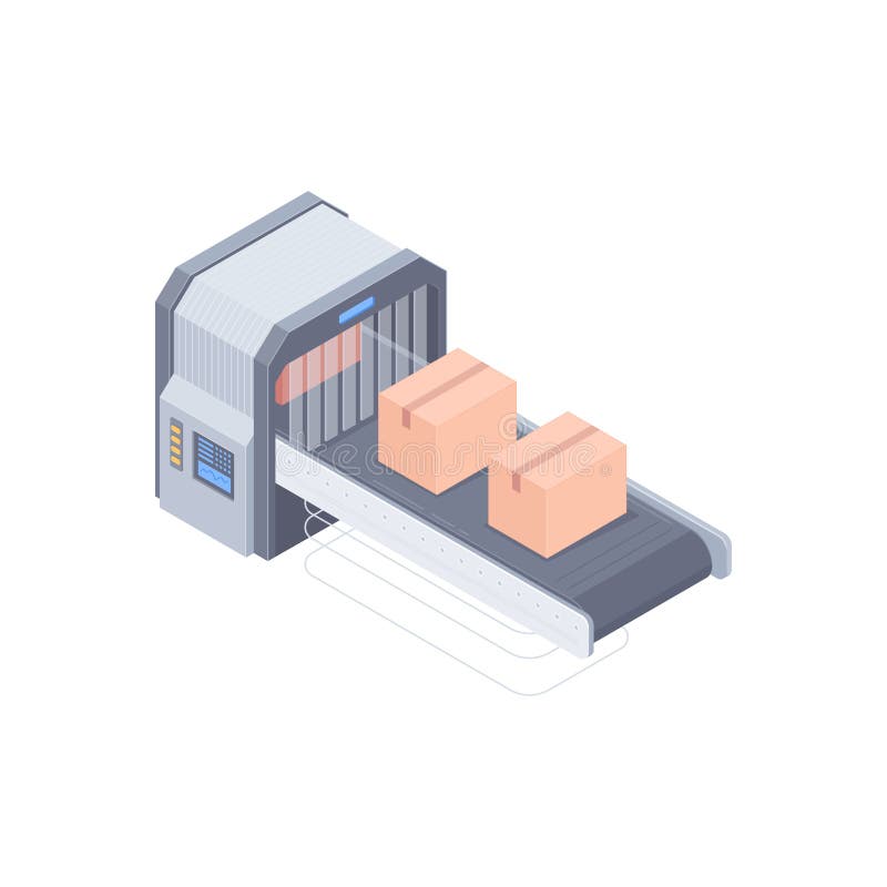 Automated boxing line isometric illustration. Smart automated boxing line in a warehouse. Automated boxing line with conveyor belt. Design for landing page of modern logistics center. Vector 3d isometric illustration on white background.