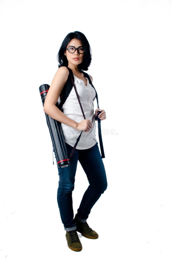Smart and Beauty College Girl with Blueprint Tube Carrier Stock