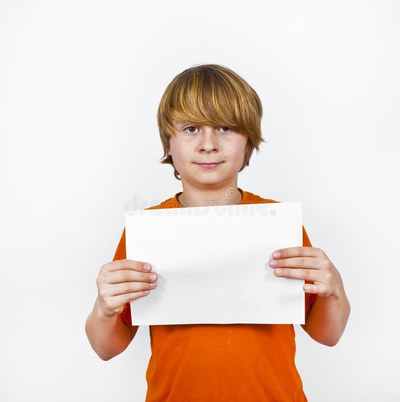 Smart boy holding empty poster royalty free stock image 