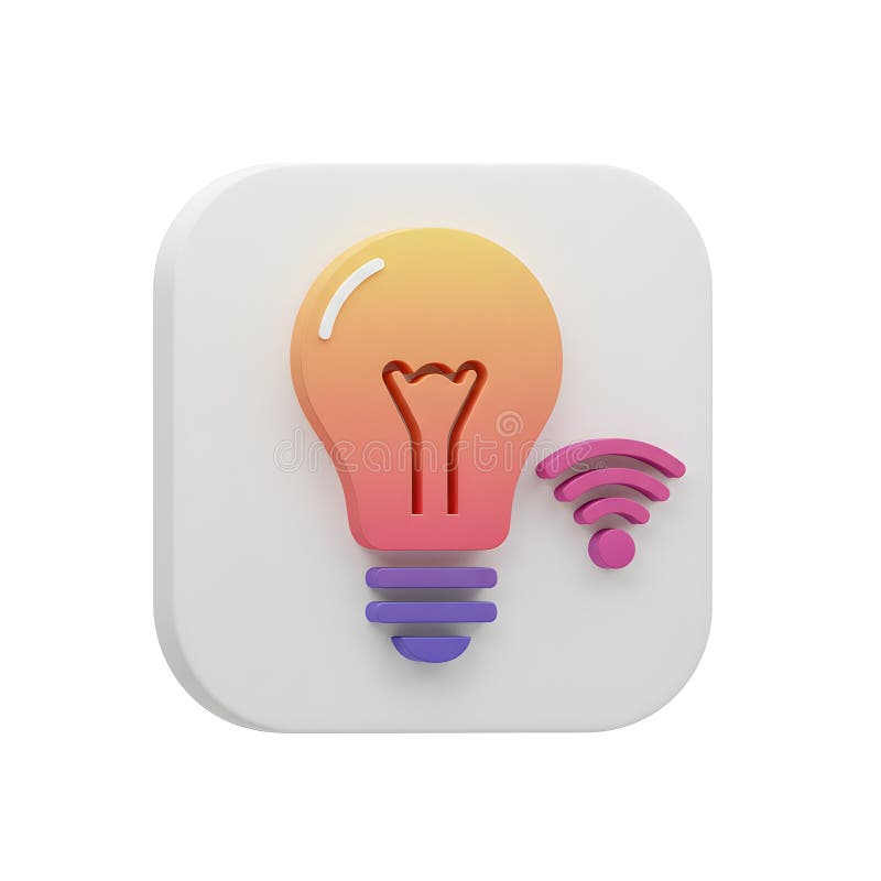 Smart Bulb App Icon Design 3D Render: Wireless Connected Lightbulb Interface stock illustration