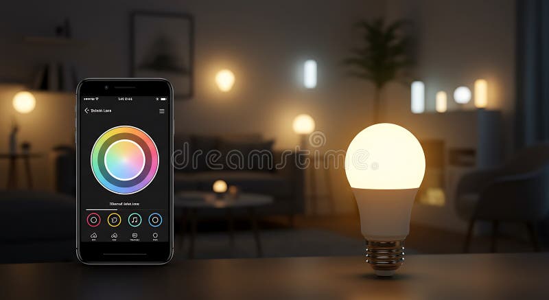 Smart Bulb Controlled with Phone App in Cozy Room Setting stock illustration