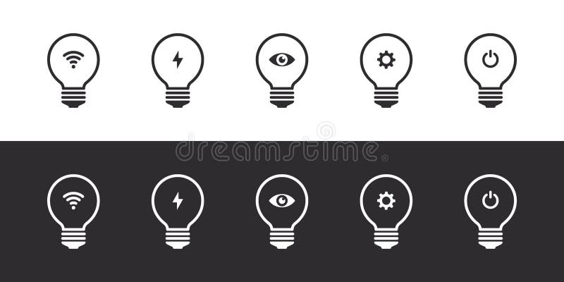 Smart bulb icons. LED bulbs with wireless remote. Smart home icons. Vector illustration stock illustration