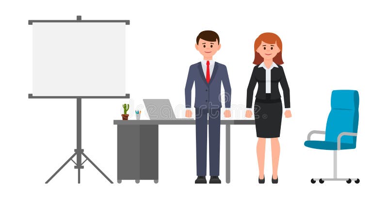 Smart business man and woman standing near office desk, flip chart and chair. Vector illustration of cartoon character people.