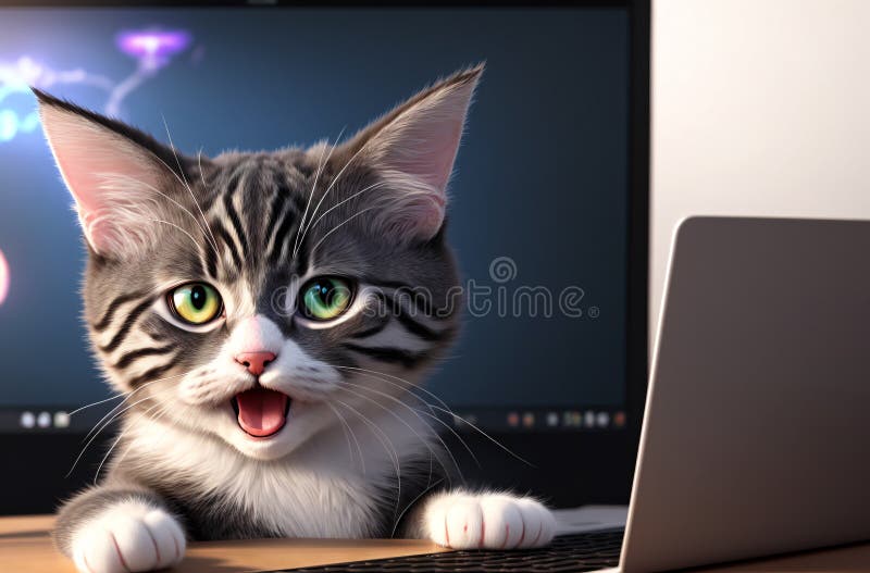 Smart Cat in Glasses with Open Mouth Sitting at Laptop. Generative AI