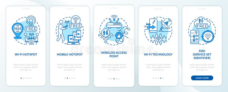 Smart city access to the Internet ways onboarding mobile app page screen. Walkthrough 5 steps graphic instructions with concepts. UI, UX, GUI vector template with linear color illustrations
