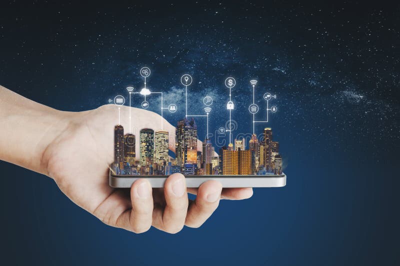 Smart city, building technology and mobile application technology royalty free stock images
