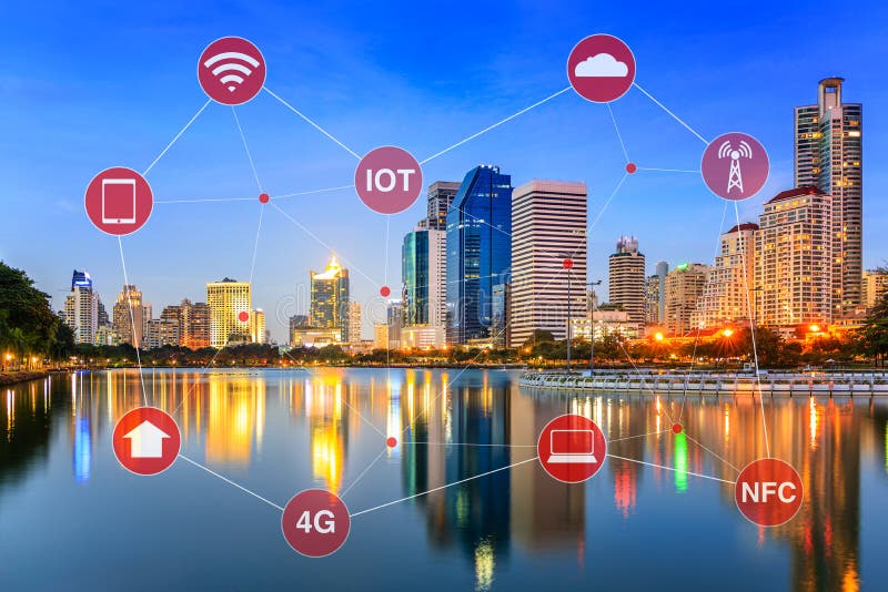Smart City Concept Illustrated by Networking and Internet of Things or IOT royalty free stock photos