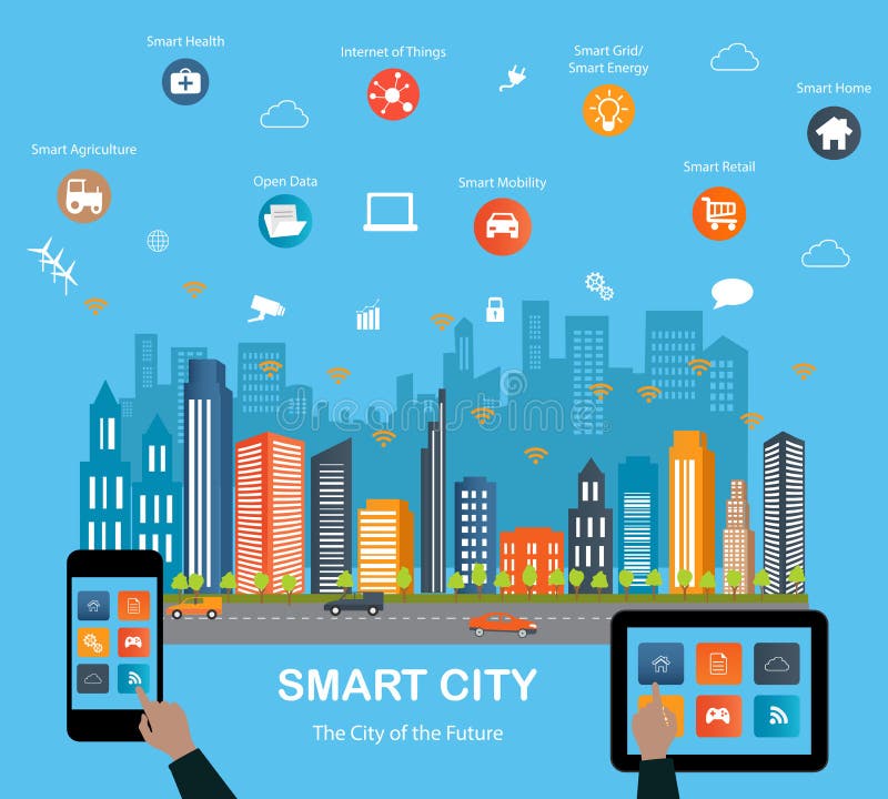 Smart city concept with different icon and elements. Modern city design with future technology for living. Illustration of innovations and Internet of things.Internet of things/Smart city. Smart city concept with different icon and elements. Modern city design with future technology for living. Illustration of innovations and Internet of things.Internet of things/Smart city