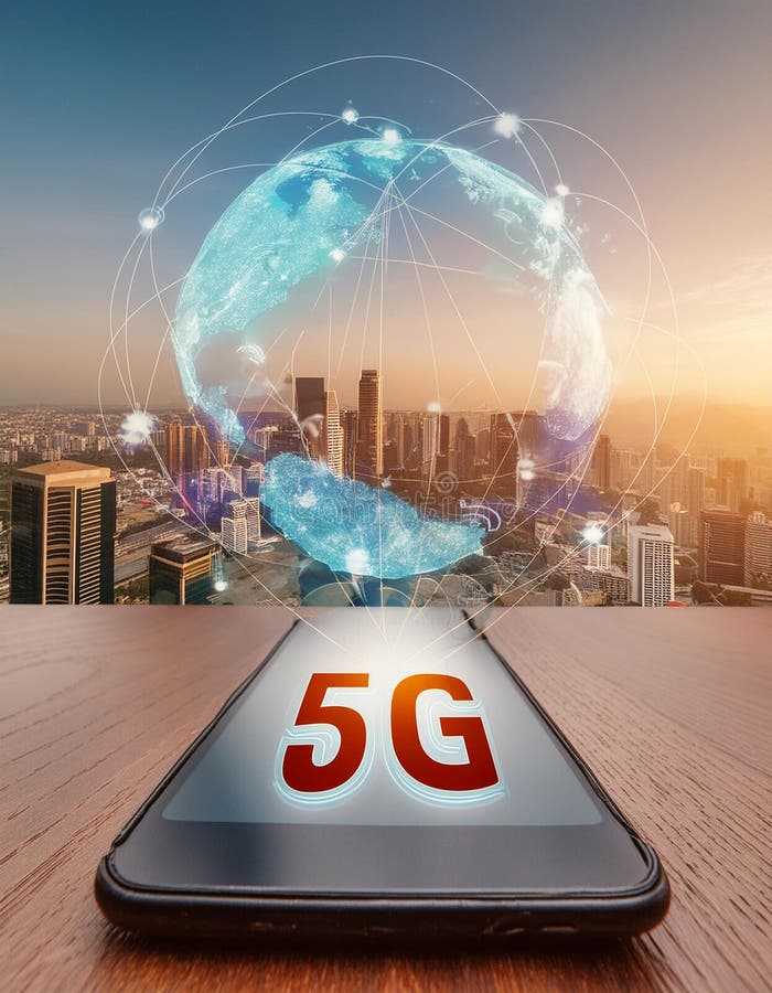 A smart city is connected to the planet via telephone via the global mobile internet stock illustration