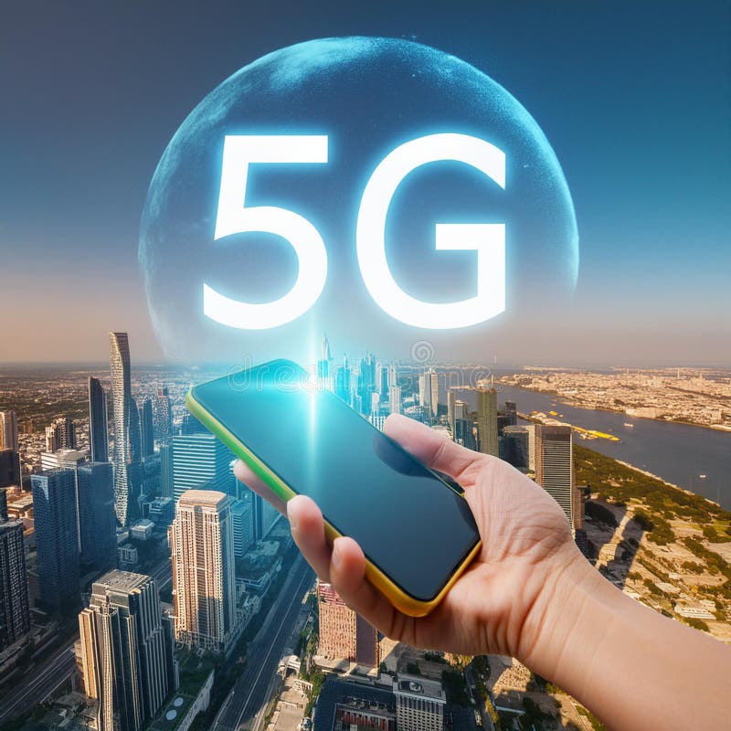 A smart city is connected to the planet via telephone via the global mobile internet stock illustration