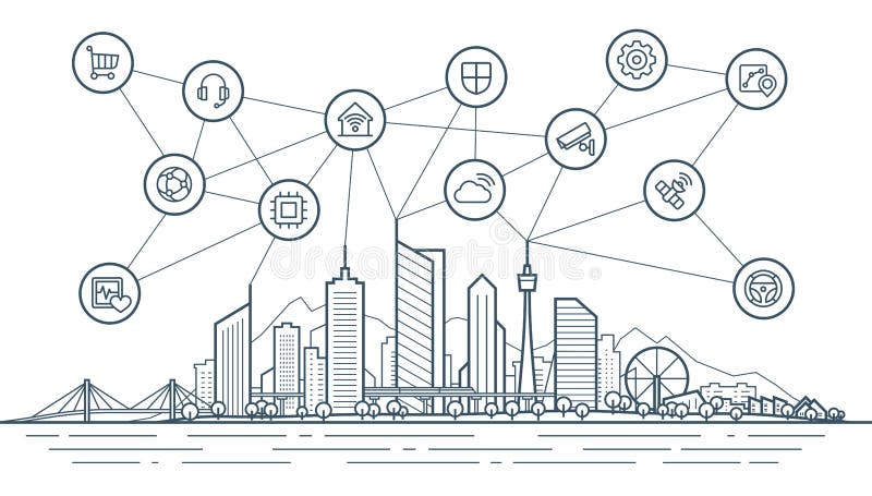 Smart city connection concept. Futuristic tech landscape whith integrated thin line icons. Abstract vector town.