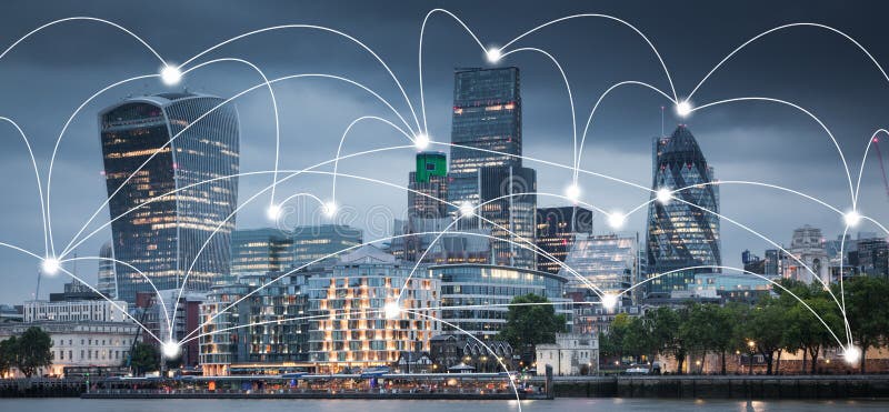 Smart city and connection lines. Internet concept of global business, London, UK