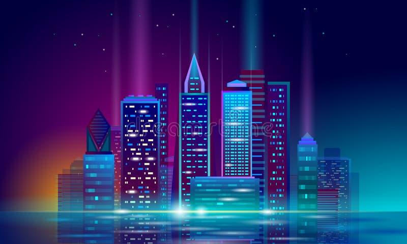 Smart city 3D neon glowing cityscape. Intelligent building automation night futuristic business concept. Web online royalty free illustration