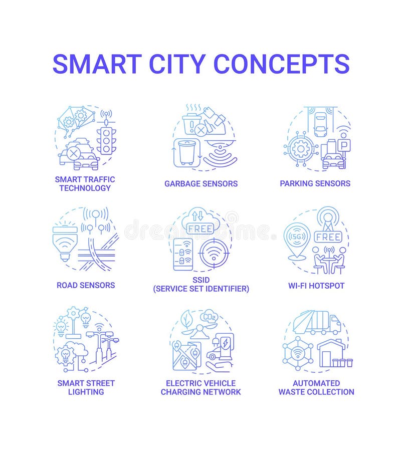 Smart city gradient blue concept icons set royalty free illustration