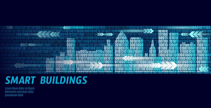 Smart city intelligent building automation system business concept. Binary code number data flow. Architecture urban stock illustration
