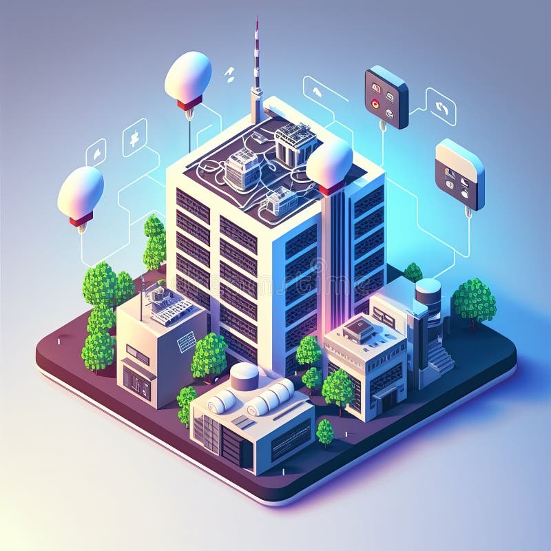 Smart city or intelligent building isometric concept. building automation with computer networking illustration royalty free illustration