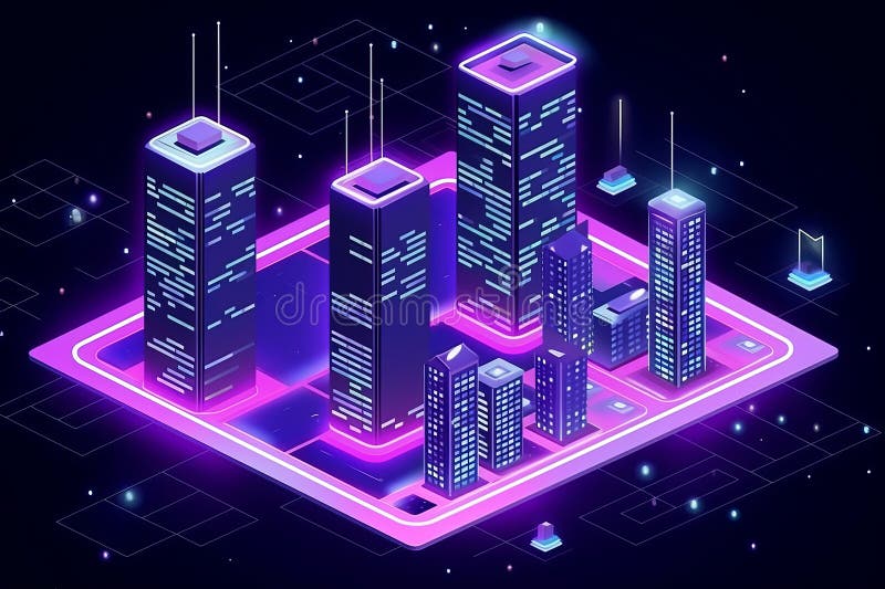 Smart city or intelligent building isometric vector concept. Building automation with computer networking illustration. Data stock illustration