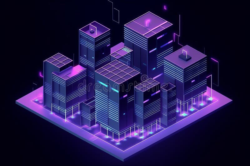 Smart city or intelligent building isometric vector concept. Building automation with computer networking illustration. Data vector illustration