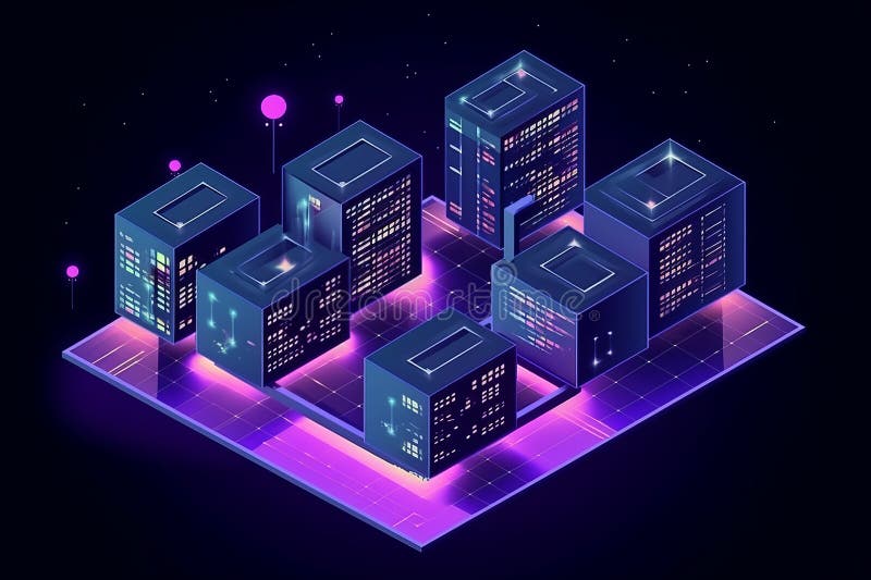 Smart city or intelligent building isometric vector concept. Building automation with computer networking illustration. Data Center Blockchain Technology Generative AI